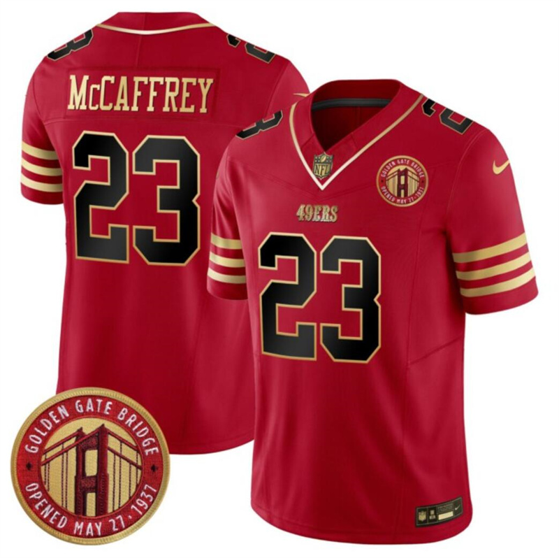 Men's San Francisco 49ers #23 Christian McCaffrey Red F.U.S.E. Golden Gate Bridge Patch Balck Scarlet Vapor Limited Stitched Football Jersey Men's San Francisco 49ers #23 Christian McCaffrey Red F.U.S.E. Golden Gate Bridge Patch Balck Scarlet Vapor Limited Stitched Football Jersey